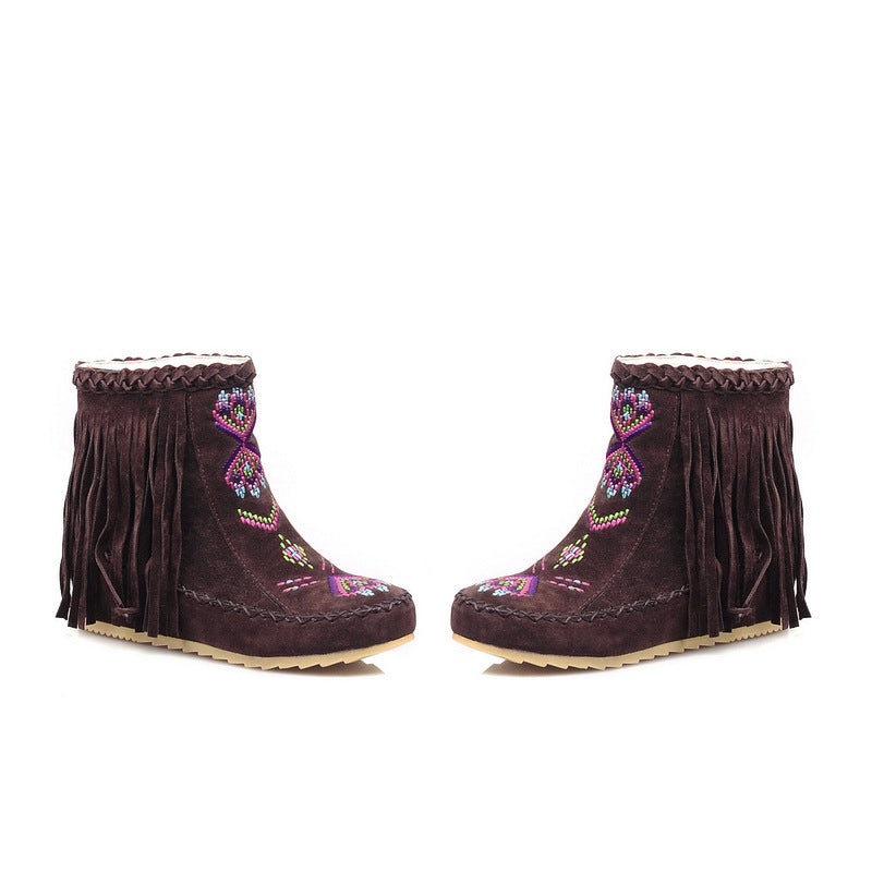 brown Women's retro embroidery fringe moccasin boots