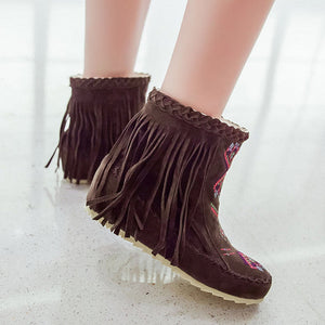 brown Women's retro embroidery fringe moccasin boots