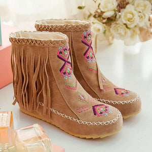 yellow Women's retro embroidery fringe moccasin boots