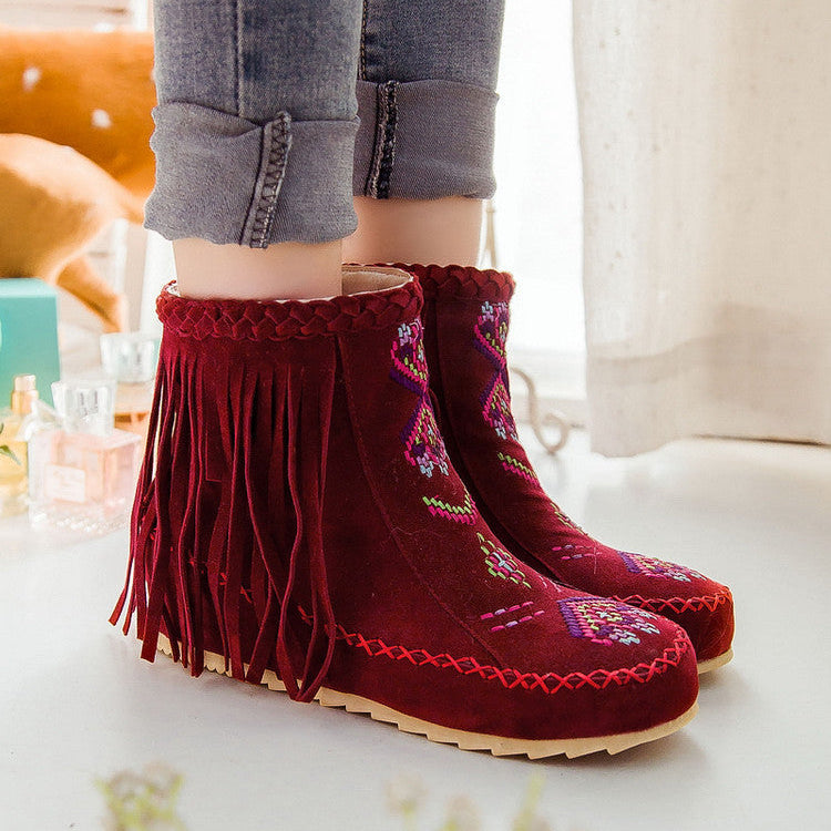 red Women's retro embroidery fringe moccasin boots