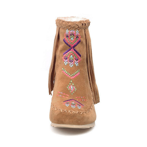 yellow Women's retro embroidery fringe moccasin boots