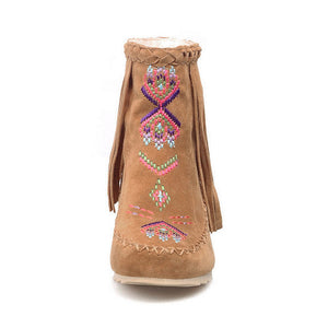 yellow Women's retro embroidery fringe moccasin boots