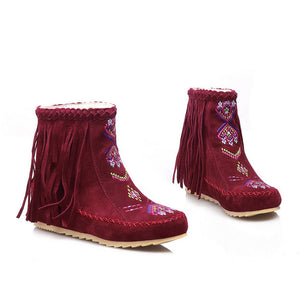red Women's retro embroidery fringe moccasin boots