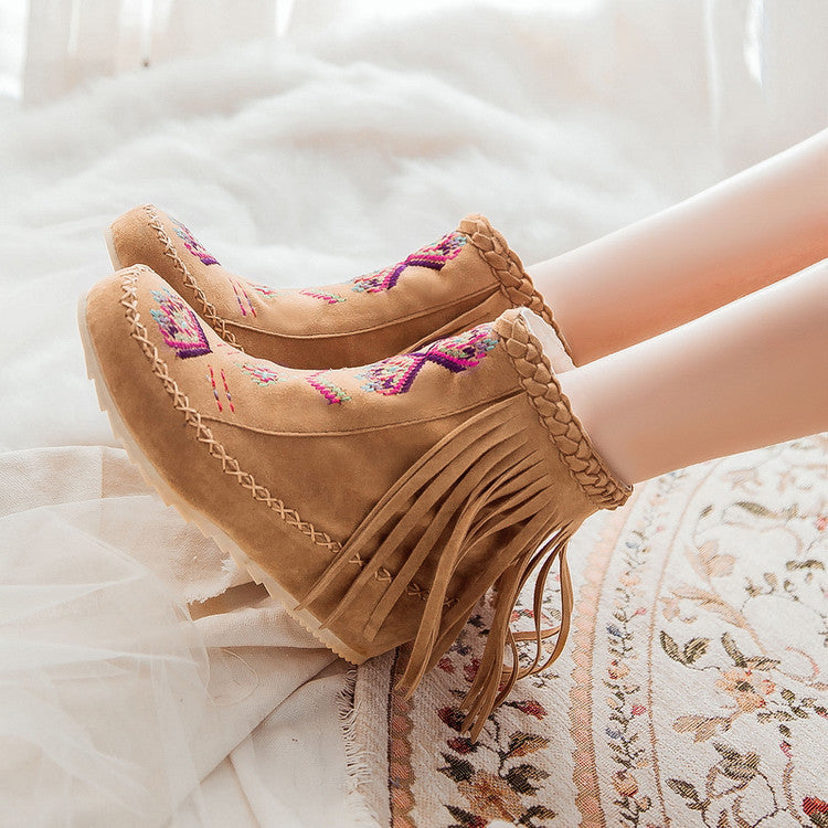 yellow Women's retro embroidery fringe moccasin boots
