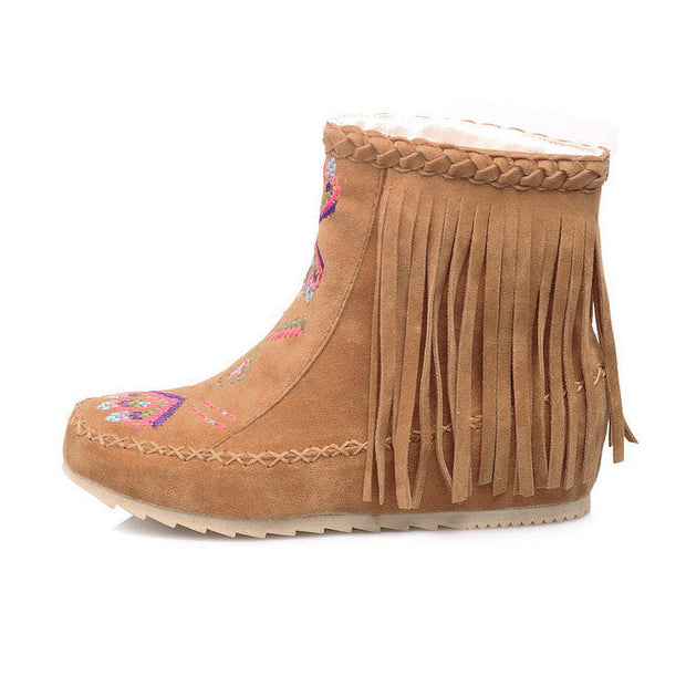 yellow Women's retro embroidery fringe moccasin boots