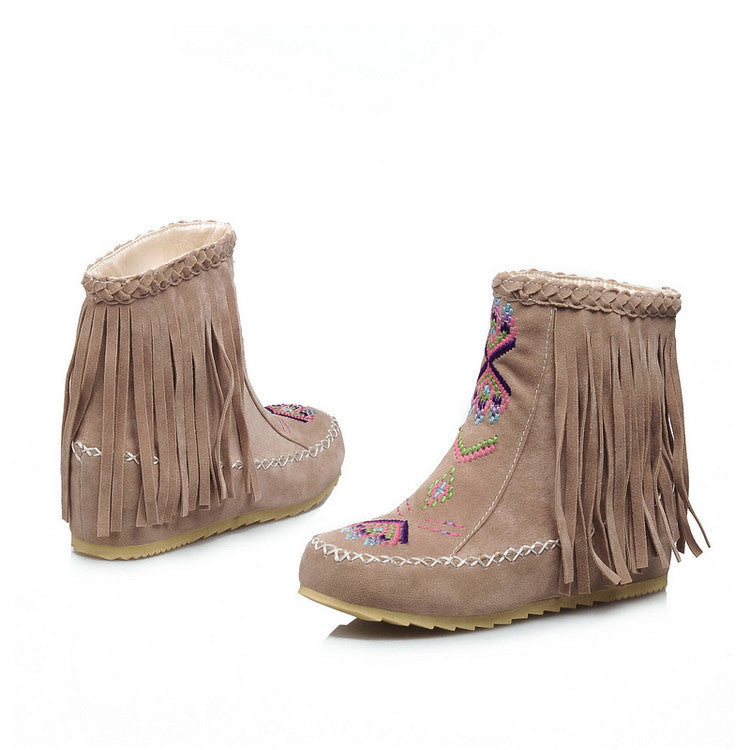 beige Women's retro embroidery fringe moccasin boots
