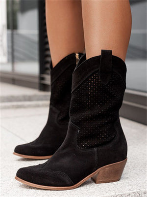 Women's retro openwork cowboy boots block heels mid calf western boots