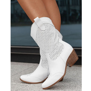 Women's retro openwork cowboy boots block heels mid calf western boots
