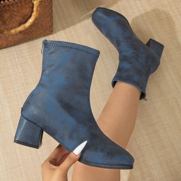 Women's retro square toe back zipper booties