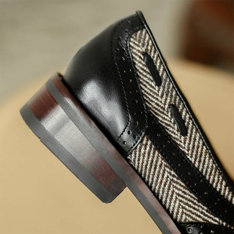 black Women's retro tweed plaid tassels loafers