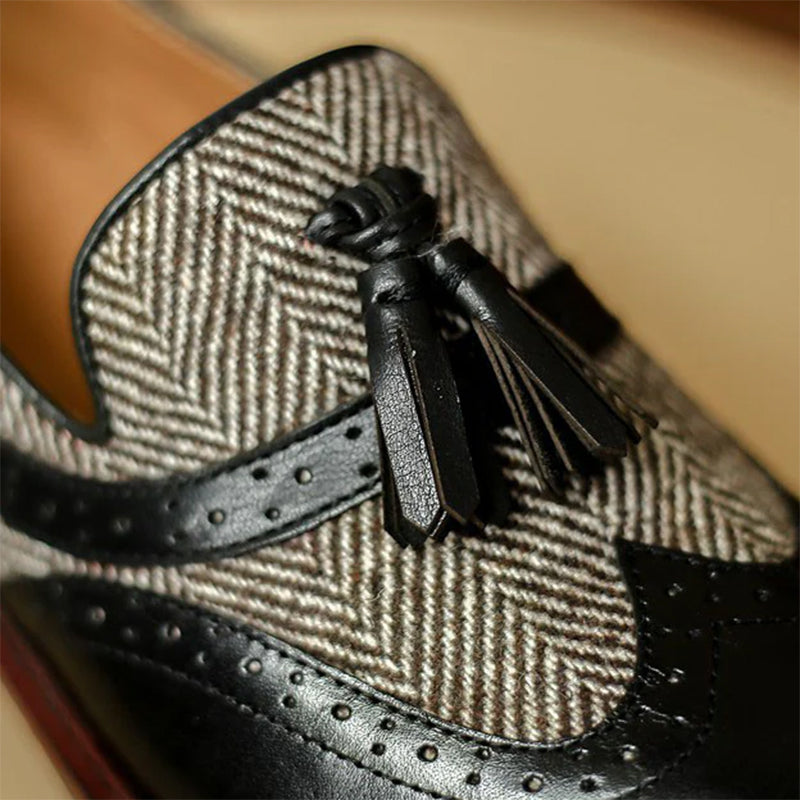 black Women's retro tweed plaid tassels loafers