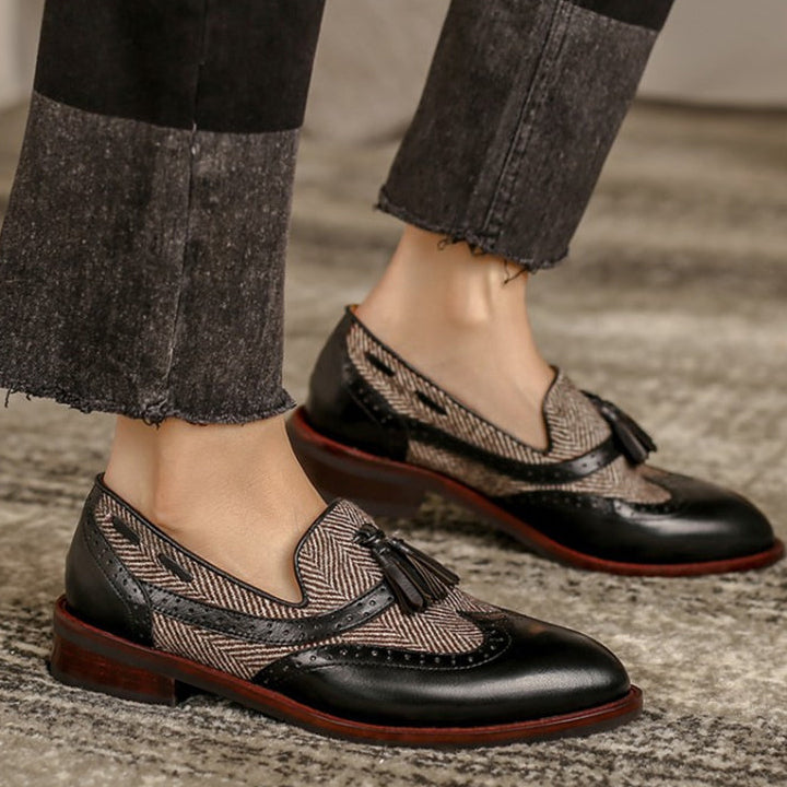 Women's retro tweed plaid tassels loafers