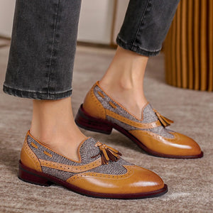 Women's retro tweed plaid tassels loafers