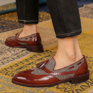 Women's retro tweed plaid tassels loafers