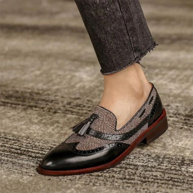 black Women's retro tweed plaid tassels loafers
