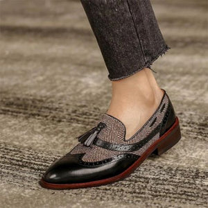 black Women's retro tweed plaid tassels loafers
