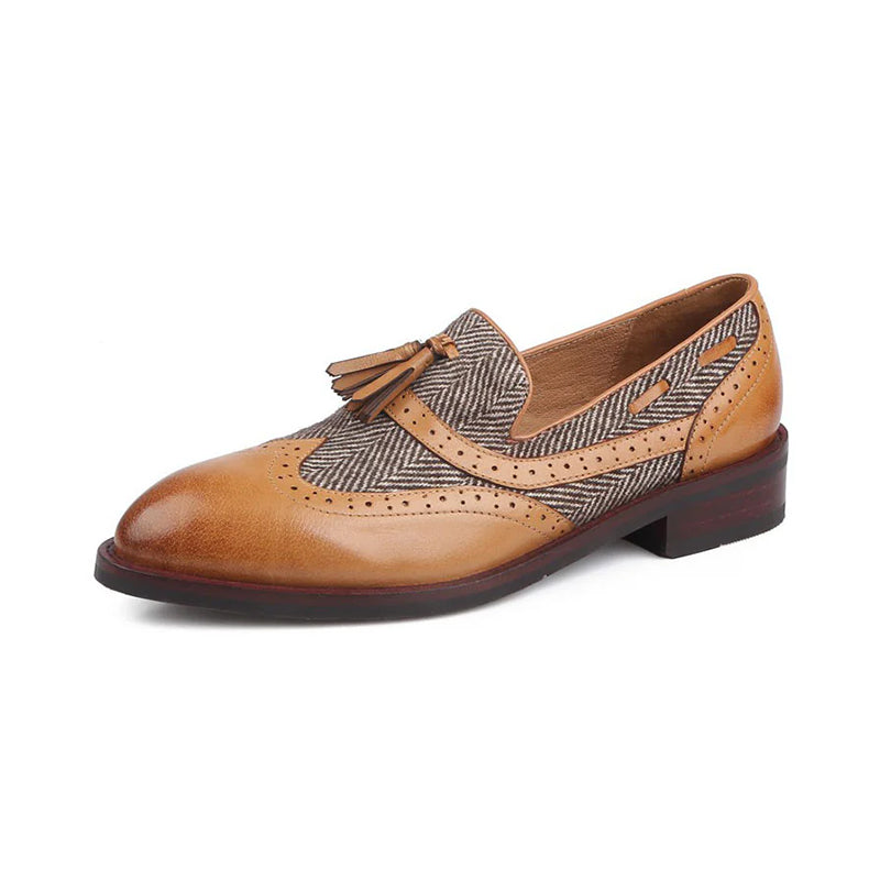 khaki Women's retro tweed plaid tassels loafers