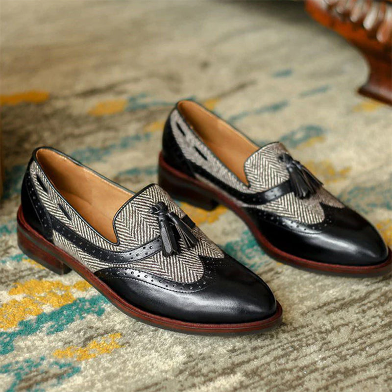 Women's retro tweed plaid tassels loafers