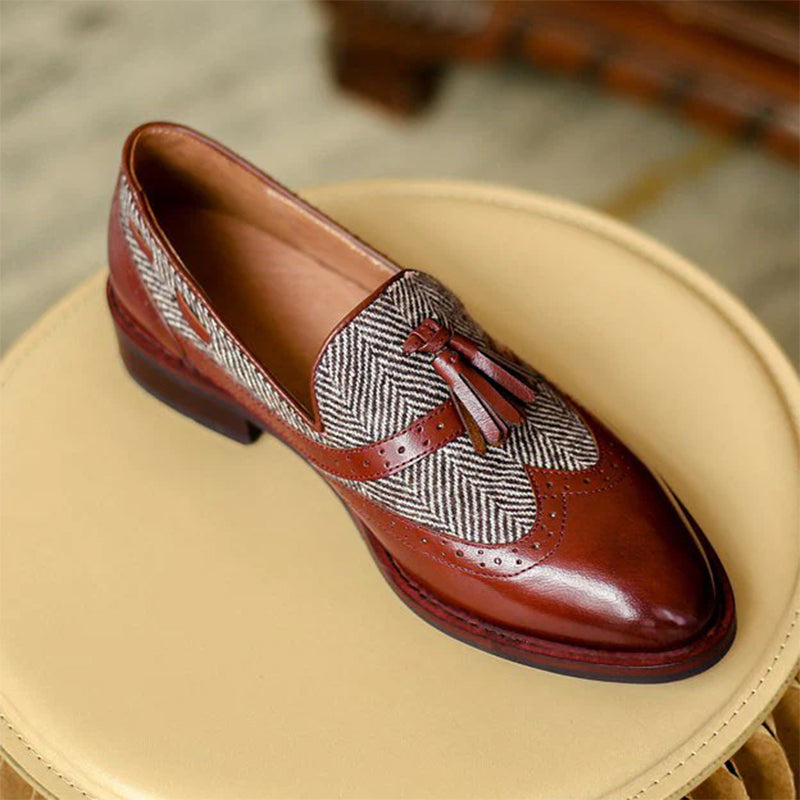 red Women's retro tweed plaid tassels loafers