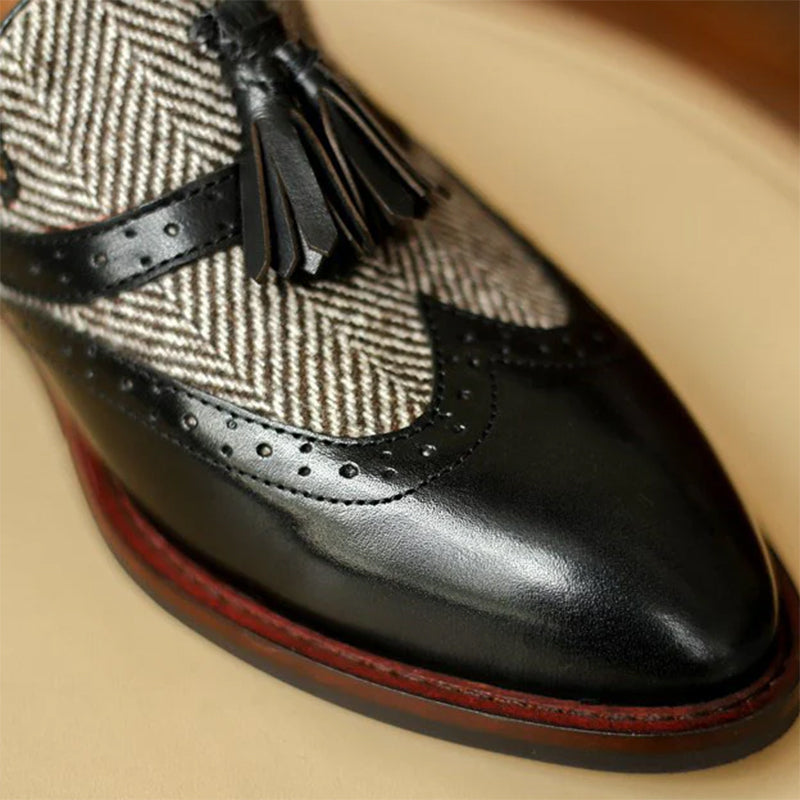 black Women's retro tweed plaid tassels loafers