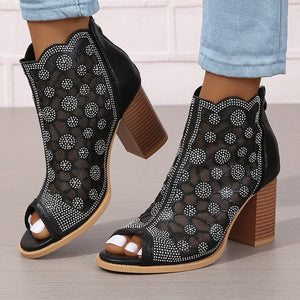 black Women's rhinestone mesh peep toe block heels sandals