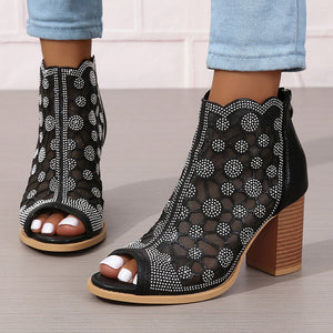 Women's rhinestone mesh peep toe block heels sandals