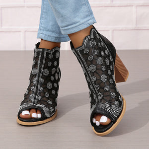black Women's rhinestone mesh peep toe block heels sandals