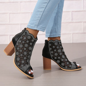 black Women's rhinestone mesh peep toe block heels sandals