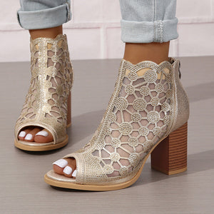 gold Women's rhinestone mesh peep toe block heels sandals