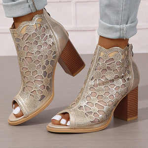 Women's rhinestone mesh peep toe block heels sandals