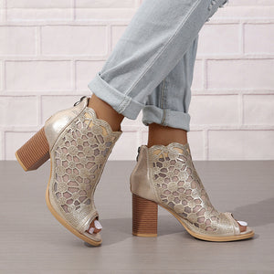 gold Women's rhinestone mesh peep toe block heels sandals