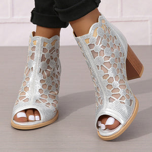 silver Women's rhinestone mesh peep toe block heels sandals