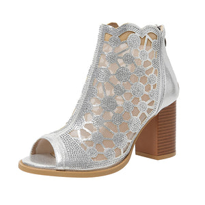silver Women's rhinestone mesh peep toe block heels sandals