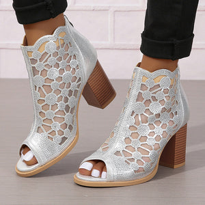 Women's rhinestone mesh peep toe block heels sandals