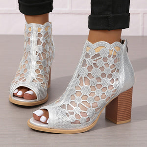 silver Women's rhinestone mesh peep toe block heels sandals