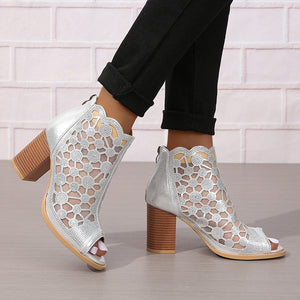 silver Women's rhinestone mesh peep toe block heels sandals