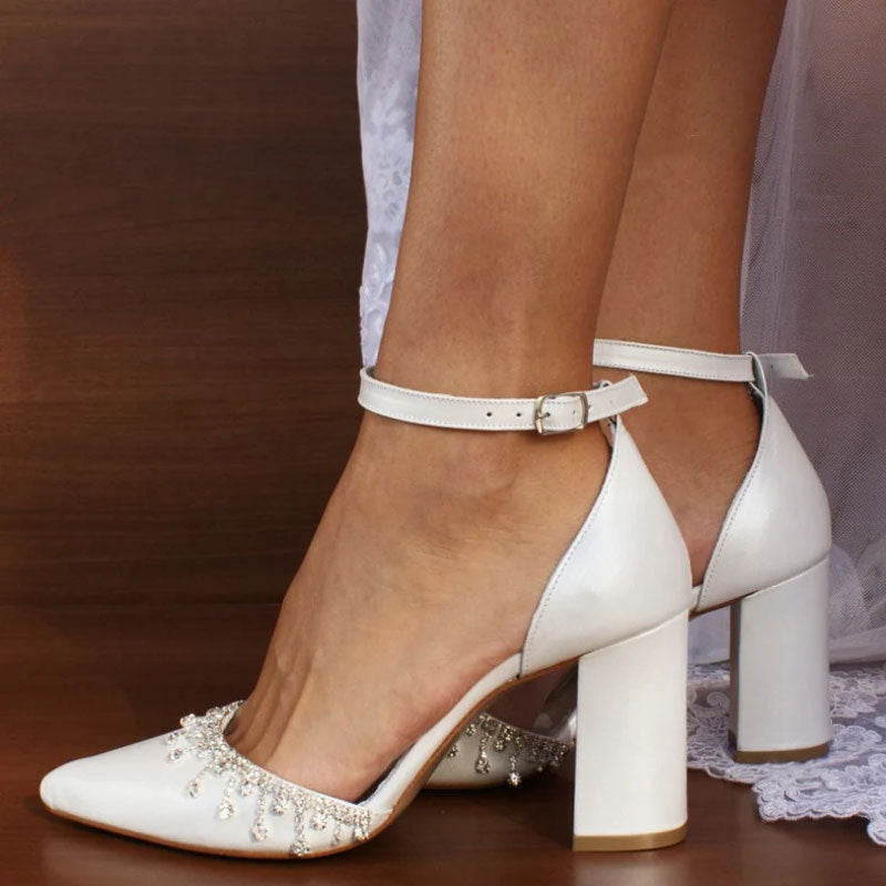 Women's rhinestone tassels ivory block heels wedding sandals 3 inches