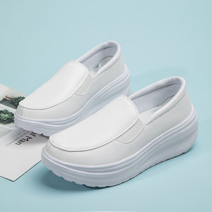white Women's rocker sole comfortable walking slip-on loafers with arch support