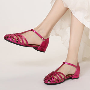 rose Women's round toe T-strap roman gladiator sandals with ankle buckle strap