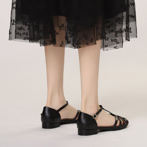 black Women's round toe T-strap roman gladiator sandals with ankle buckle strap