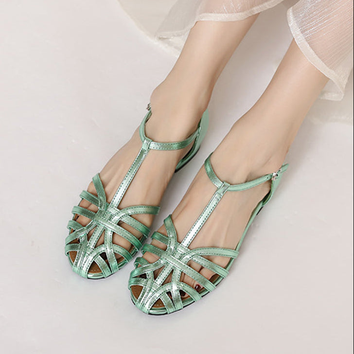 Women's round toe T-strap roman gladiator sandals with ankle buckle strap