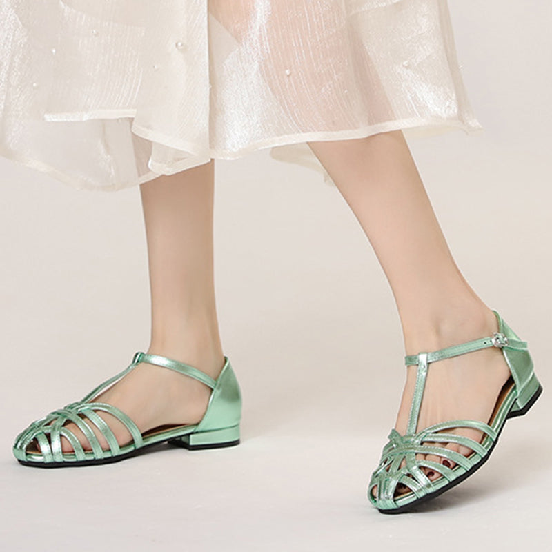 Women's round toe T-strap roman gladiator sandals with ankle buckle strap