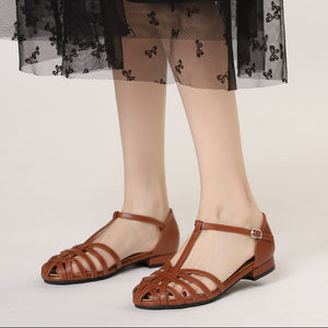 Women's round toe T-strap roman gladiator sandals with ankle buckle strap