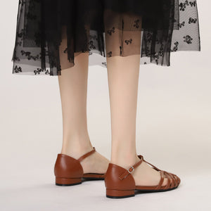 brown Women's round toe T-strap roman gladiator sandals with ankle buckle strap