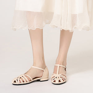 beige Women's round toe T-strap roman gladiator sandals with ankle buckle strap