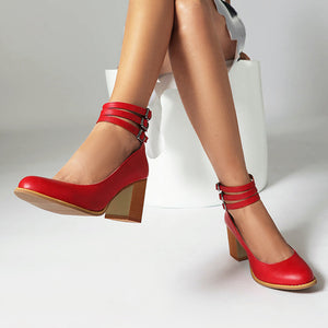 red Women's round toe block heels Mary jane pumps