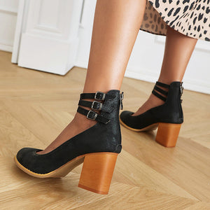 black Women's round toe block heels Mary jane pumps