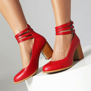 red Women's round toe block heels Mary jane pumps