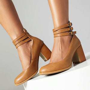 brown Women's round toe block heels Mary jane pumps