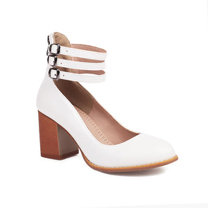 white Women's round toe block heels Mary jane pumps